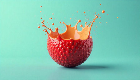 Strawberry splash with orange liquid against aquamarine backgroundの写真素材