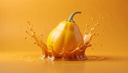 Gourds falling in orange liquid splash studio shotの写真素材
