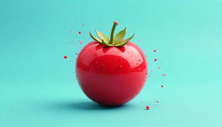 Vibrant red tomato with water droplets on turquoise backgroundの写真素材