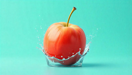 Fresh red apple splashing in water on clean background