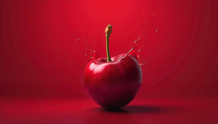 Splashing red cherry against a vibrant scarlet background