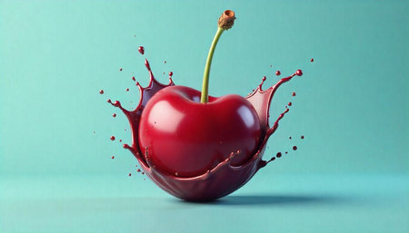 Luscious red cherry splash on light blue background studio shot