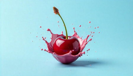 Cherry in splash of pink liquid on light blue