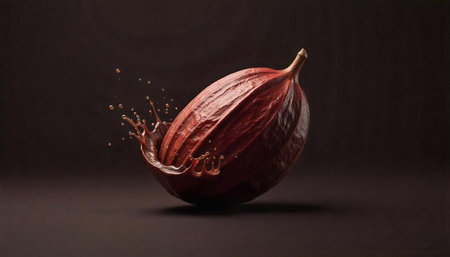 Cocoa pod splashing in chocolate, isolated on brown background