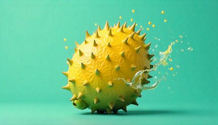 Spiky yellow fruit with splashing liquid against turquoise backgroundの写真素材
