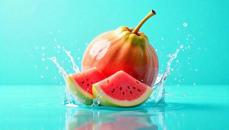 Fresh pear slices splashing in vibrant turquoise water background
