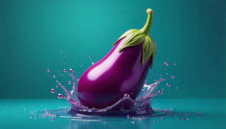 Fresh Eggplant Splash: Vibrant Purple Vegetable in Teal Waterの写真素材