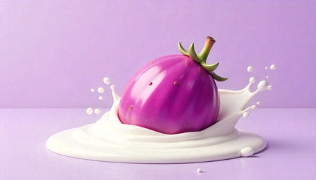 Eggplant splashing in creamy liquid against a purple backgroundの写真素材