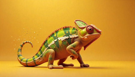 Stylized Chameleon on a Yellow Background close-up studio shot