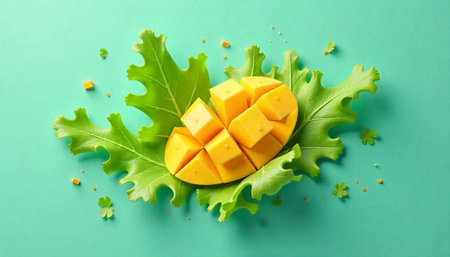 Vibrant Mango Cubes on Leafy Greens with Turquoise Backdrop
