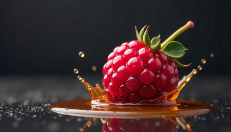 A red raspberry surrounded by liquid splash against black backdrop