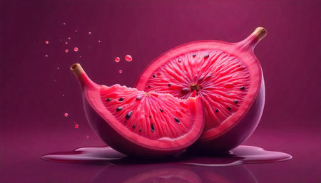 Sliced pink dragon fruit halves on magenta background with juice