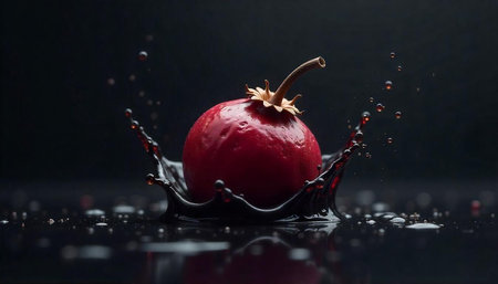 Red fruit splashing into dark liquid against black background