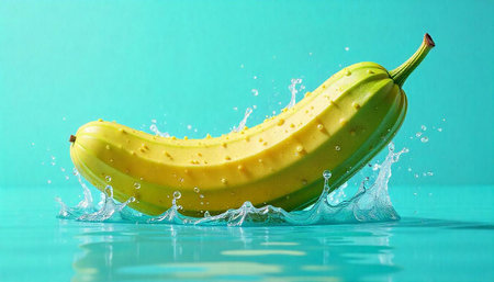 Banana with water splash against a vibrant turquoise backgroundの写真素材