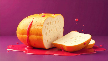 Sliced bread with sweet liquid drip on pink background