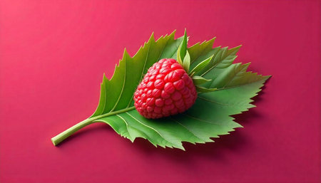 Bright raspberry on a vibrant green leaf, simple design