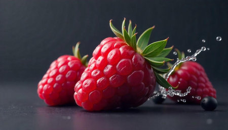 Three raspberries with splash of water on a dark surface