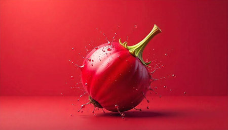 Tomato with splashing water on red monochrome background.の写真素材