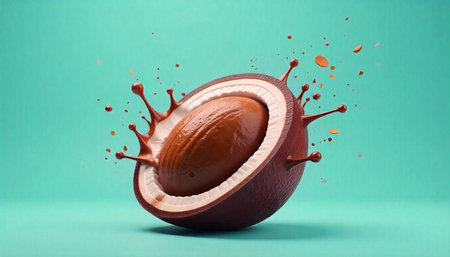 Coconut with chocolate filling and liquid splash, turquoise background