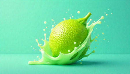 Vibrant lime fruit splashing in green liquid closeup shot