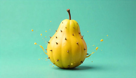 Surreal thorny yellow pear with juice splashes still life