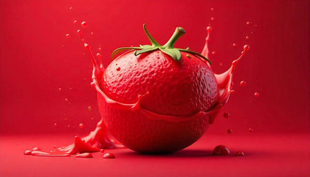 Vibrant strawberry splash with red liquid on red backdrop