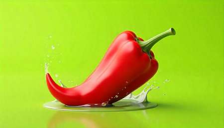 Vibrant red bell pepper with splashing water on green background