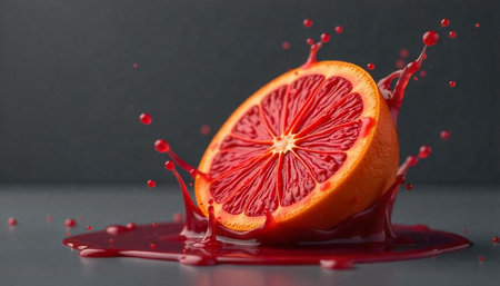 Vibrant blood orange half with juice splashing, dark backgroundの写真素材