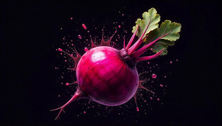 Vibrant beetroot with juice splash on a dark backgroundの写真素材
