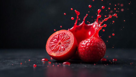 Red fruit explosion with dynamic splash against dark backdrop
