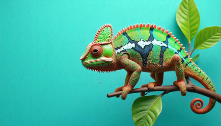 Colorful chameleon perched on a branch against turquoise background