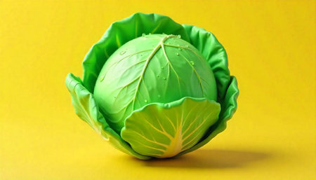 Fresh green cabbage head against yellow background studio shot