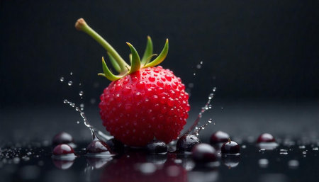 Fresh strawberry with water splash and dark berries still life