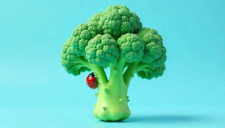 Broccoli floret with a ladybug on blue backdrop