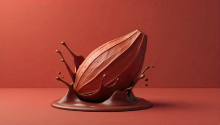 Cocoa bean with liquid chocolate splash on monochrome background