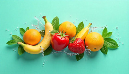 Assorted fruits with water splashes on bright background, studio shot