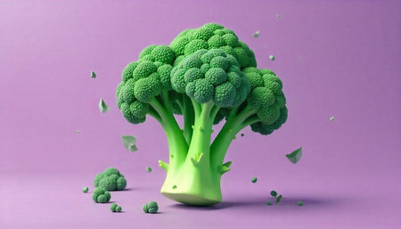 Broccoli head with falling pieces on purple background
