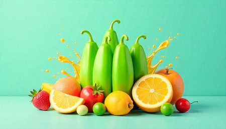 Fresh Fruit and Vegetable Composition with Juice Splash Element