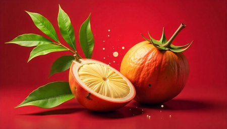 Vibrant fruit composition with leaves against a red backdrop