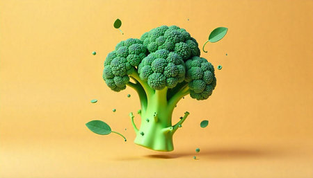 Broccoli Still Life with Green Leaves on Yellow Backdrop