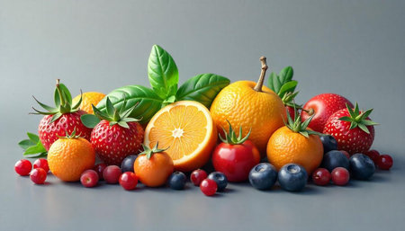 Vibrant still life of mixed fruits and fresh basil