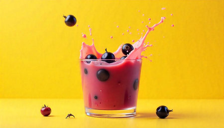 Berry juice splash in glass on vibrant yellow background