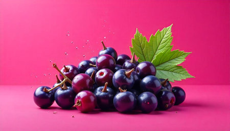 Fresh grapes with leaves on vivid pink background photo