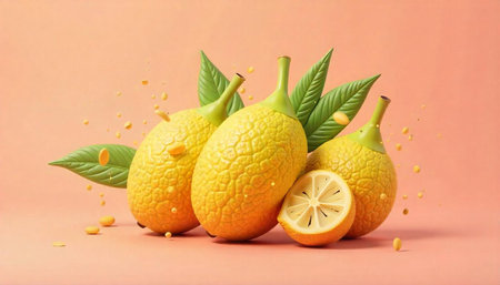 Stylized lemons and lemon slice against a pastel background