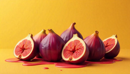 A group of ripe figs and spilled juice arranged