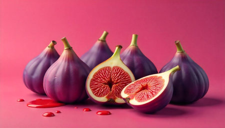 Vibrant still life of fresh figs on pink background