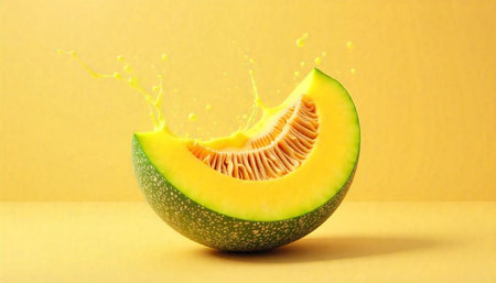 Juicy melon slice with splash against monochromatic background