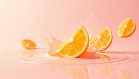 Orange slices falling into liquid with splash effect pinkの写真素材