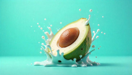 Avocado half with splash on cyan background studio shot
