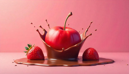 A Red Apple in Chocolate with Strawberries Scene